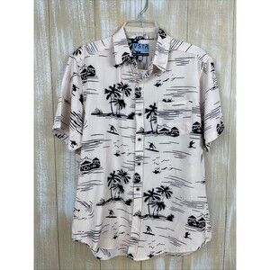NWT VSTR Mens Shirt Sz L Pink w/ Black Palm Trees Hawaiian Short Sleeves